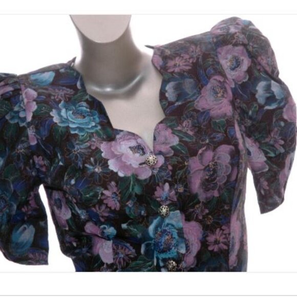 Vintage 80s Midi Dress Cottage Core Puff Sleeves Scallop Black Pastel Floral 7/8 - Picture 3 of 10